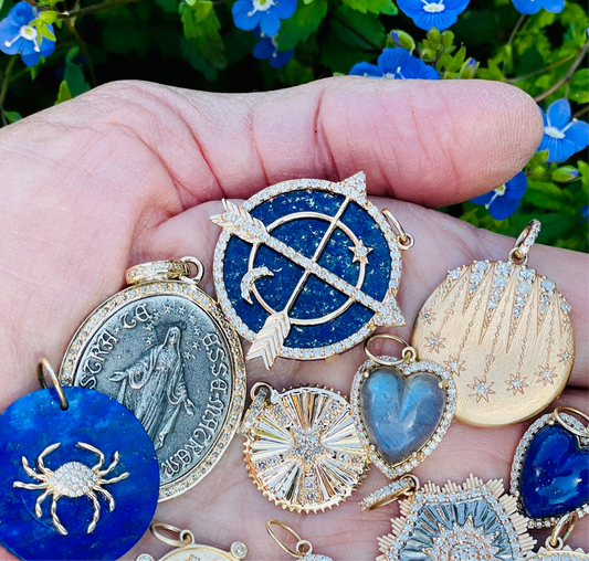 14K Gold Diamond and Lapis Crossed Arrow Pendant with Moon and Star