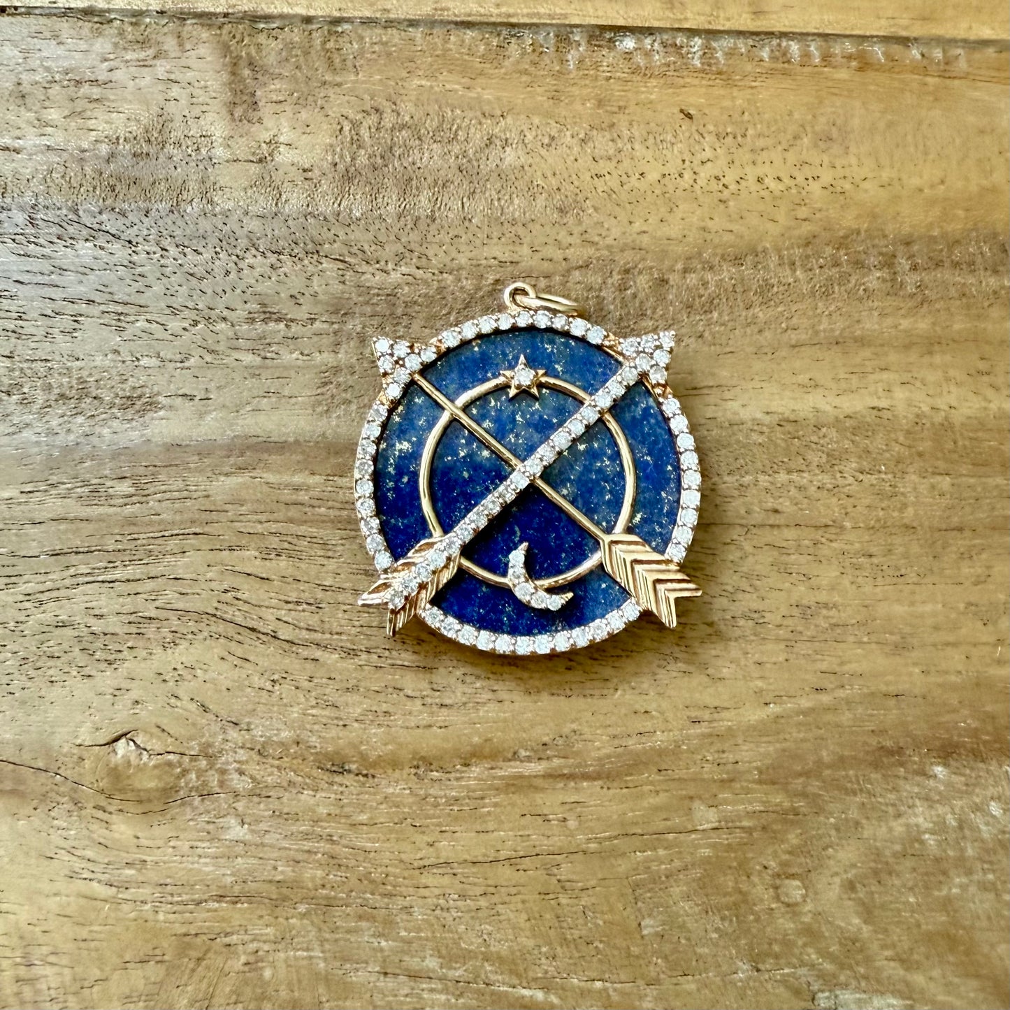 14K Gold Diamond and Lapis Crossed Arrow Pendant with Moon and Star