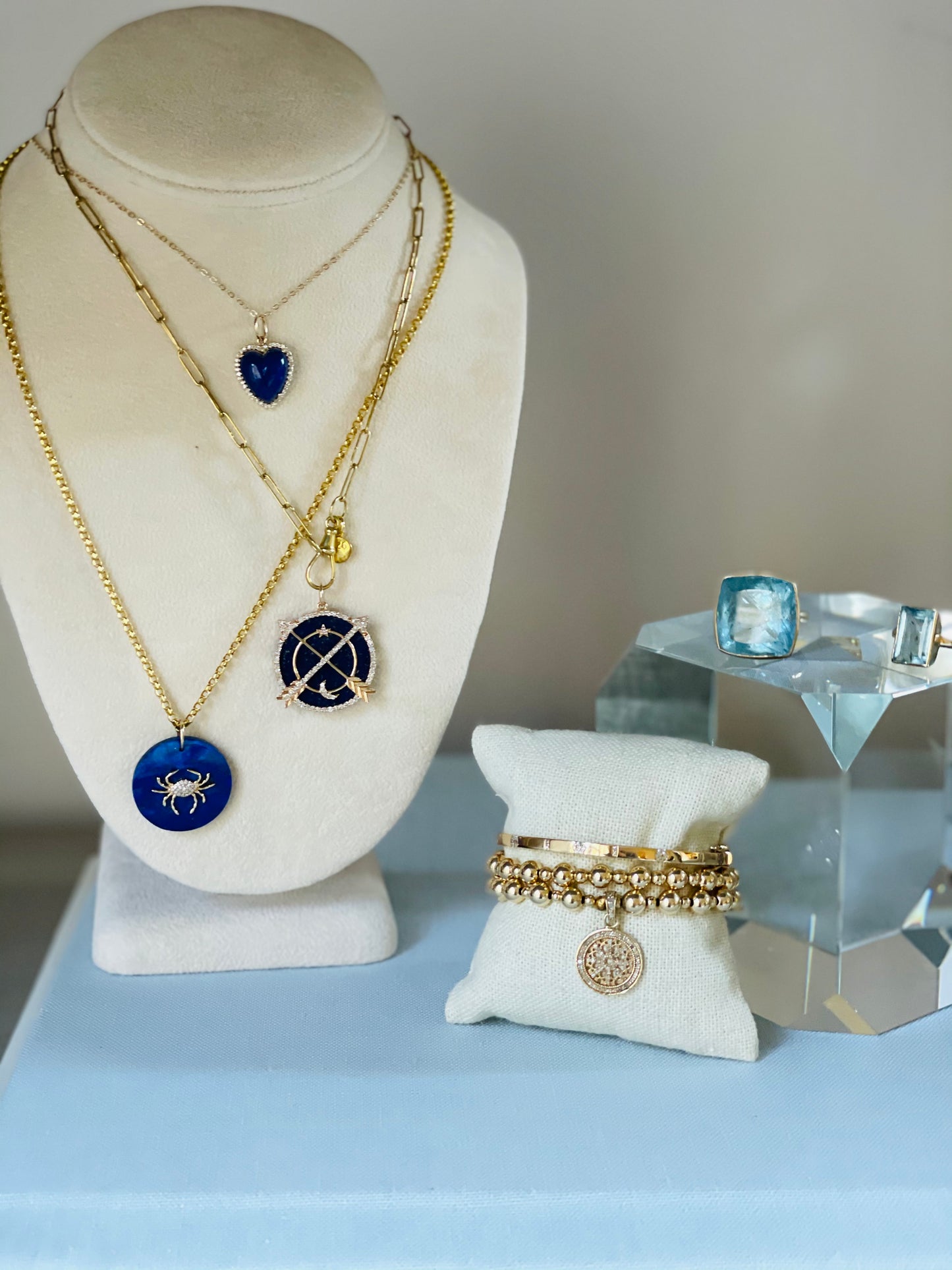 14K Gold Diamond and Lapis Crossed Arrow Pendant with Moon and Star