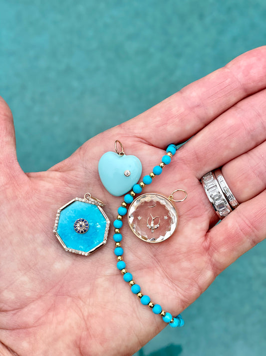 14K Enamel Turquoise Heart with Diamond Pendant.
