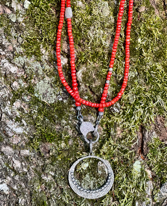 50 Inch Red Coral Necklace with Sterling Diamond Nugget Bead