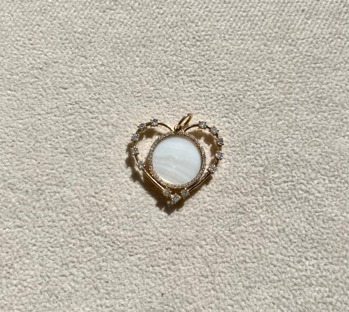 14K Gold Mother of Pearl Open Heart with set Diamond Boarder and Pave Diamonds